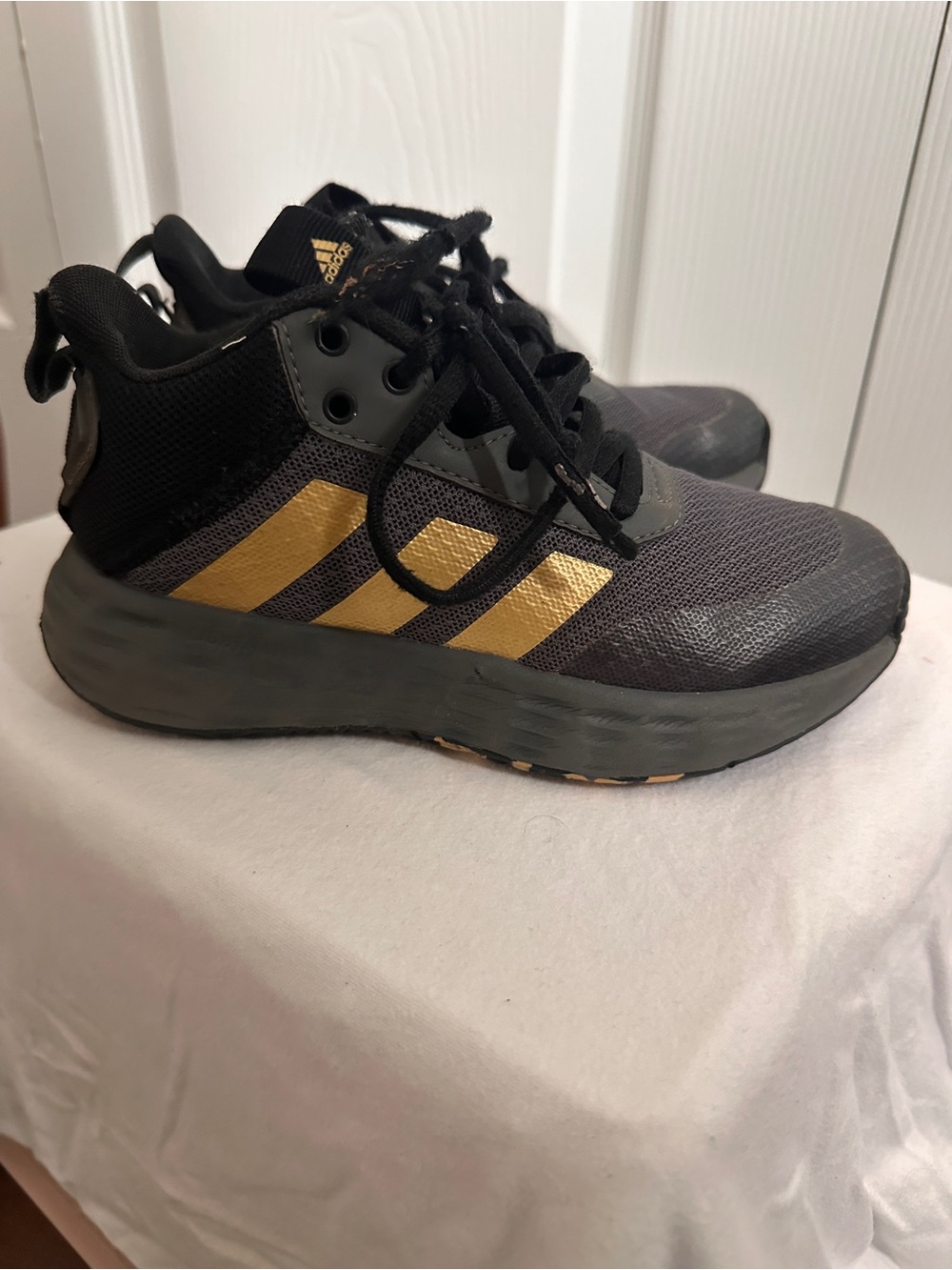 adidas Kids OwnTheGame Basketball Shoes Camo Gold Stripe Black Size 13K